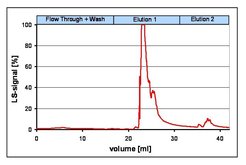 Fig 2. Light scattering signal (90°, Dawn EOS, Wyatt Technology Inc.) during LAC purification of MDCK cell derived human influenza A virus