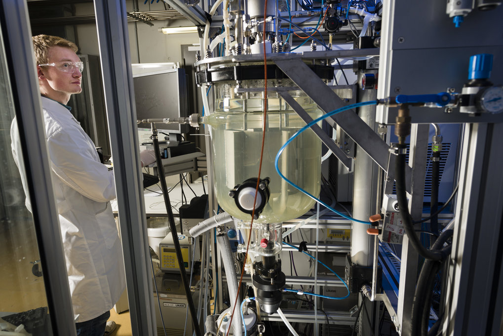 An einem 20-Liter-Reaktor in der Technikumshalle des Max-Planck-Instituts Magdeburg untersucht ein Wissenschaftler Kristallisationsprozesse. Ein Ziel ist es, Partikel mit einer optimalen Größenverteilung zu gewinnen. Daher werden die zugrunde liegenden Mechanismen erforscht, wie zum Beispiel das Kristallwachstum und die Keimbildung (Nukleation).Nach der Bestimmung wichtiger kinetischer Parameter können mathematisch basierte Prozess- und Regelungsverfahren angewendet werden, um die gewünschte Produktqualtität zu erzielen.