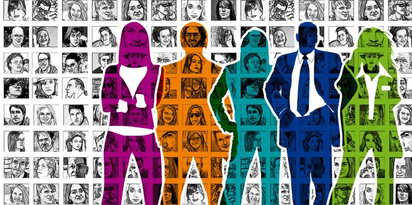 Gender Equality at MPI Magdeburg Graphic in the style of a cartoon. In the foreground there are the rough outlines of five people in different colors, standing next to each other with confident poses and wearing business clothes. Three people appear stereotypically female and two stereotypically male. The background consists of many small black and white images. They have the form of square tiles and show drawings of faces with different facial expressions.