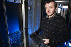 Martin Koehler at work in the server room of the Linux Computing cluster at the MPI Magdeburg.