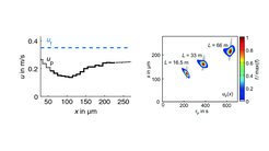 Fig. 2: Left: Variation on crystal velocity in dependence on crystal size in the flow-tube crystallizer (1) with larger crystals traveling with a higher velocity. Right: Simulation data for a final crystal population in a flow-tube crystallizer with different lengths and without a crystal-size dependent velocity (in gray) and with a crystal-size dependent velocity (in color).