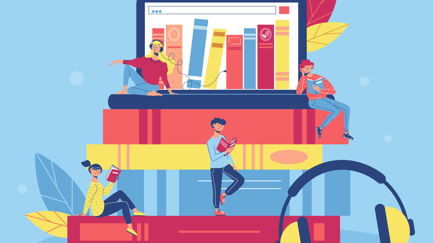 Open Access Publishing Four people are depicted engaging with books on a stack of large books, while a laptop displays a digital library interface. Nearby, large headphones suggest listening to audiobooks.
