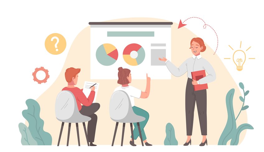 Coffee Lectures Group in a meeting room analyzing pie charts and graphs, with one person taking notes and another pointing to the screen.