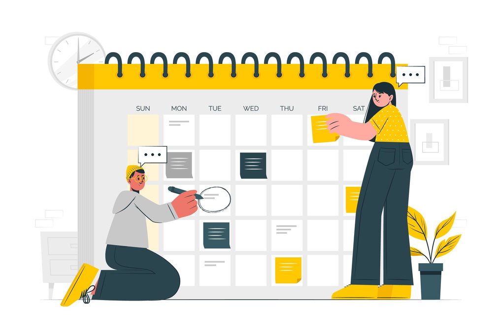 Two figures engage with a large wall calendar, one person kneels marking a day, the other stands attaching a note, surrounded by a clock and potted plant.