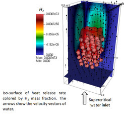 Direct Numerical Simulation of Supercritical Water Gasification of Polypropylene Plastic Particles.First 3D-DNS of gasification of polypropylene (PP) plastic particles in supercritical water. 60 fully-resolved PP particles (diameter: 400 mm) are arranged in a staggered manner in the direction of the supercritical water flow at T=900 K and P = 250 bar. Particle Reynolds number is 70. The size of the computational domain is 4 mm x 8 mm x 4 mm, resolved by 33 million grid points.